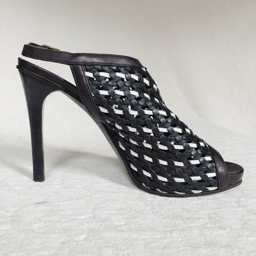 DEREK LAM Woven Leather Heeled Slingback Sandal 8